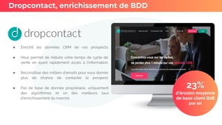 ● Enrichit les données CRM de vos prospects.
● Vous permet de réduire votre temps de cycle de
vente en ayant rapidement accès à l’information.
● Reconstitue des milliers d’emails pour vous donner
plus de chance de contacter le prospect.
● Pas de base de donnée propriétaire, uniquement
des algorithmes et un des meilleurs taux
d’enrichissement du marché.
Dropcontact, enrichissement de BDD
23%
d’érosion moyenne
de base client B2B
par an
 