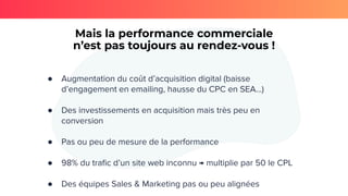 Mais la performance commerciale
n’est pas toujours au rendez-vous !
● Augmentation du coût d’acquisition digital (baisse
d’engagement en emailing, hausse du CPC en SEA…)
● Des investissements en acquisition mais très peu en
conversion
● Pas ou peu de mesure de la performance
● 98% du traﬁc d’un site web inconnu → multiplie par 50 le CPL
● Des équipes Sales & Marketing pas ou peu alignées
 