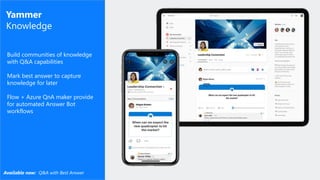 WithumSmith+Brown, PC | BE IN A POSITION OF STRENGTH
23
SM
Yammer
Knowledge
Build communities of knowledge
with Q&A capabilities
Mark best answer to capture
knowledge for later
Flow + Azure QnA maker provide
for automated Answer Bot
workflows
Available now: Q&A with Best Answer
 