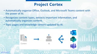 WithumSmith+Brown, PC | BE IN A POSITION OF STRENGTH
9
SM
Project Cortex
• Automatically organize Office, Outlook, and Microsoft Teams content with
the power of AI.
• Recognizes content types, extracts important information, and
automatically organizes content.
• Topic pages and knowledge centers updated by AI.
 