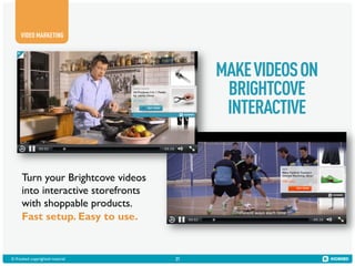 VIDEO MARKETING

MAKE VIDEOS ON
BRIGHTCOVE
INTERACTIVE

Turn your Brightcove videos
into interactive storefronts
with shoppable products.
Fast setup. Easy to use.
21
© Kiosked copyrighted material!

21

 