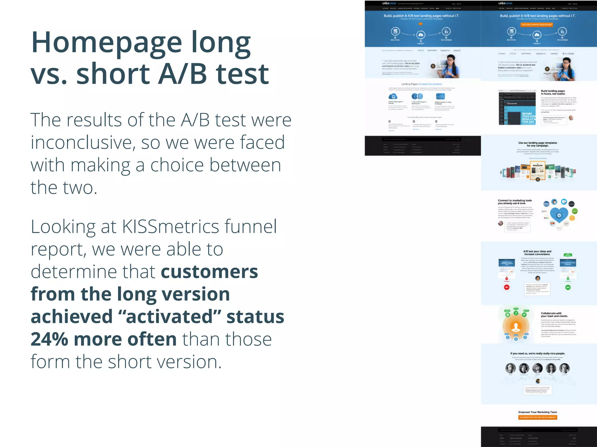 Homepage long
vs. short A/B test
The results of the A/B test were
inconclusive, so we were faced
with making a choice between
the two.
Looking at KISSmetrics funnel
report, we were able to
determine that customers
from the long version
achieved “activated” status
24% more often than those
form the short version.
 