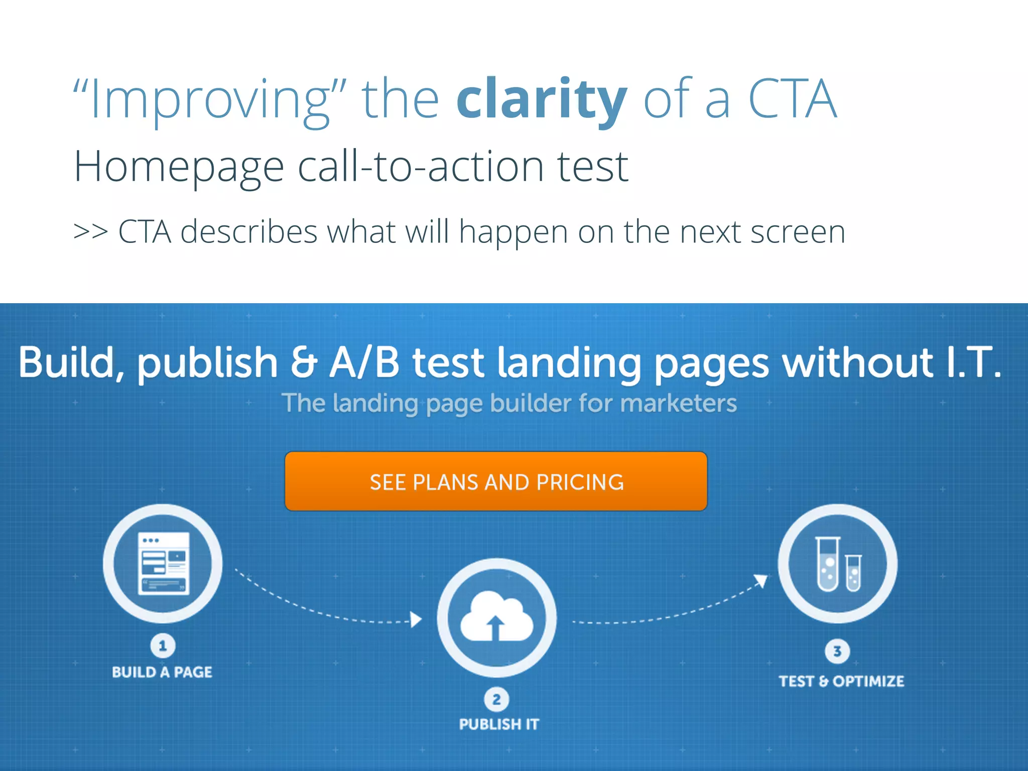 “Improving” the clarity of a CTA
Homepage call-to-action test
>> CTA describes what will happen on the next screen
 