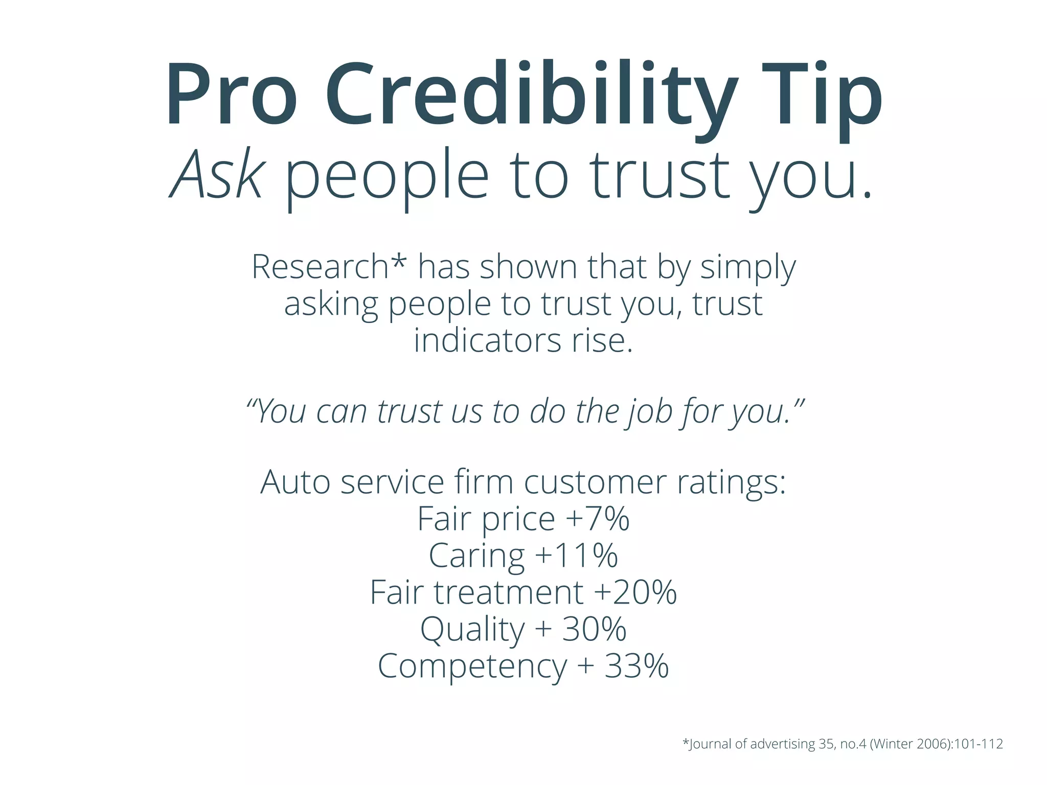 Pro Credibility Tip
Ask people to trust you.
Research* has shown that by simply
asking people to trust you, trust
indicators rise.
“You can trust us to do the job for you.”
Auto service ﬁrm customer ratings:
Fair price +7%
Caring +11%
Fair treatment +20%
Quality + 30%
Competency + 33%
*Journal of advertising 35, no.4 (Winter 2006):101-112
 