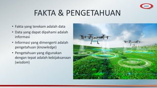 FAKTA & PENGETAHUAN
• Fakta yang terekam adalah data
• Data yang dapat dipahami adalah
informasi
• Informasi yang dimengerti adalah
pengetahuan (knowledge)
• Pengetahuan yang digunakan
dengan tepat adalah kebijaksanaan
(wisdom)
 