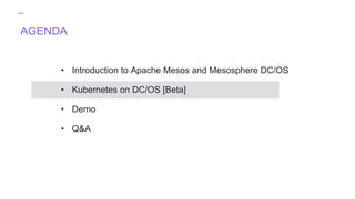 AGENDA
• Introduction to Apache Mesos and Mesosphere DC/OS
• Kubernetes on DC/OS [Beta]
• Demo
• Q&A
 