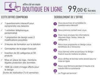  1 questionnaire interactif pour
comprendre vos besoins

1.
1

Vous souscrivez et complétez le
questionnaire intéractif

 1 entretien téléphonique
personnalisé

2.
2

Nous prenons contact avec vous.

3.
3

Vous nous envoyez les informations
requises (logo, textes, listes de
catégories…)

 1 proposition de design avec 2
modifications possibles
 3 heures de formation sur la solution

 Conception de la page d’accueil

4

4.

5

 Insertion de 50 catégories et 50
produits

5.

 Mise en place du logo, mentions
légales protection des données

6.

 100€ de crédit d’image offerts pour
le design
Durée de réalisation 2 à 6 semaines

7.

6

7

Nous vous proposons un design (vous
bénéficiez de 2 révisions)
Vous donnez votre accord pour le design
final et nous le mettons en place.
Vous vérifiez et donnez votre accord pour la
mise en ligne
Nous vous formons pendant 3 heures à la
solution Box e-commerce

8
8.

Le Projet est terminé !

 