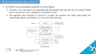 Funcionamento do LaTex?
 O LaTeX é um processador baseado no estilo lógico:
 O texto a ser impresso e os comandos de formatação são escritos em um arquivo fonte
com o uso de um editor (produzir um ficheiro .tex);
 Em seguida este arquivo é compilado e gera um arquivo de saída que pode ser
visualizado (gerar um ficheiro .dvi ou .pdf, ente outros);
Fonte: P.Quaresma
 