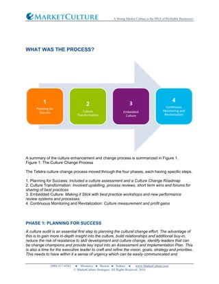 A Strong Market Culture is the DNA of Profitable Businesses
(800) 817-8582 ● Monterey ● Boston ● Sydney ● www.MarketCulture.com
© MarketCulture Strategies. All Rights Reserved. 2010
WHAT WAS THE PROCESS?
A summary of the culture enhancement and change process is summarized in Figure 1.
Figure 1: The Culture Change Process
The Telstra culture change process moved through the four phases, each having specific steps.
1. Planning for Success: Included a culture assessment and a Culture Change Roadmap
2. Culture Transformation: Involved upskilling, process reviews, short term wins and forums for
sharing of best practices
3. Embedded Culture: Making it Stick with best practice workshops and new performance
review systems and processes
4. Continuous Monitoring and Revitalization: Culture measurement and profit gains
PHASE 1: PLANNING FOR SUCCESS
A culture audit is an essential first step to planning the cultural change effort. The advantage of
this is to gain more in-depth insight into the culture, build relationships and additional buy-in,
reduce the risk of resistance to skill development and culture change, identify leaders that can
be change champions and provide key input into an Assessment and Implementation Plan. This
is also a time for the executive leader to craft and refine the vision, goals, strategy and priorities.
This needs to have within it a sense of urgency which can be easily communicated and
 