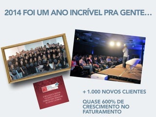 2014 FOI UM ANO INCRÍVEL PRA GENTE…
+ 1.000 NOVOS CLIENTES
QUASE 600% DE
CRESCIMENTO NO
FATURAMENTO
 