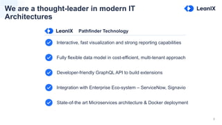 8
We are a thought-leader in modern IT
Architectures
Interactive, fast visualization and strong reporting capabilities
Fully flexible data model in cost-efficient, multi-tenant approach
Developer-friendly GraphQL API to build extensions
Integration with Enterprise Eco-system – ServiceNow, Signavio
State-of-the art Microservices architecture & Docker deployment
Pathfinder Technology
 