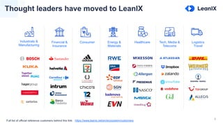 9
Thought leaders have moved to LeanIX
Industrials &
Manufacturing
Financial &
Insurance
Consumer Energy &
Materials
Healthcare Tech, Media &
Telecoms
Logistics
Travel
Full list of official reference customers behind this link: https://www.leanix.net/en/ecosystem/customers
 
