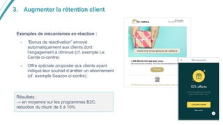 3. Augmenter la rétention client
Exemples de mécanismes en réaction :
- “Bonus de réactivation” envoyé
automatiquement aux clients dont
l’engagement a diminué (cf. exemple Le
Cercle ci-contre)
- Offre spéciale proposée aux clients ayant
indiqué leur souhait d’arrêter un abonnement
(cf. exemple Seazon ci-contre)
Résultats :
→ en moyenne sur les programmes B2C,
réduction du churn de 5 à 10%
 