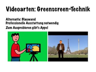 Videoarten: Greenscreen-Technik
Alternativ: Blauwand
Professionelle Ausstattung notwendig
Zum Ausprobieren gibt‘s Apps!
 