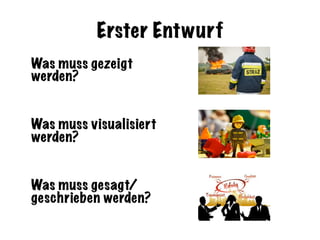 Erster Entwurf
Was muss gezeigt
werden?
Was muss visualisiert
werden?
Was muss gesagt/
geschrieben werden?
 