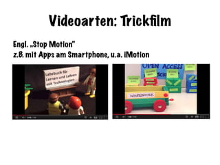 Videoarten: Trickﬁlm
Engl. „Stop Motion“
z.B. mit Apps am Smartphone, u.a. iMotion
 