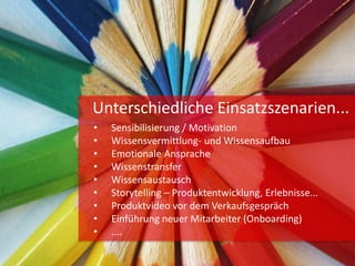 • Sensibilisierung / Motivation
• Wissensvermittlung- und Wissensaufbau
• Emotionale Ansprache
• Wissenstransfer
• Wissensaustausch
• Storytelling – Produktentwicklung, Erlebnisse...
• Produktvideo vor dem Verkaufsgespräch
• Einführung neuer Mitarbeiter (Onboarding)
• ....
Unterschiedliche Einsatzszenarien...
 
