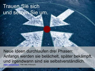 Trauen Sie sich
und setzen Sie um.
Neue Ideen durchlaufen drei Phasen:
Anfangs werden sie belächelt, später bekämpft,
und irgendwann sind sie selbstverständlich.
(Arthur Schopenhauer, 1788-1860, Philosoph)
 