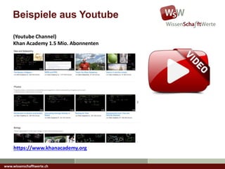 (Youtube Channel)
Khan Academy 1.5 Mio. Abonnenten
https://www.khanacademy.org
www.wissenschafftwerte.ch
Beispiele aus Youtube
 