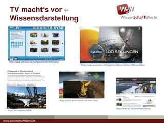 TV macht‘s vor –
Wissensdarstellung
http://www.prosieben.ch/tv/galileo/videos/rubriken/100-sekunden
http://www.wdrmaus.de/sachgeschichten/filme.php5
http://terra-xpress.zdf.de
http://www.deutschland-von-oben.com/
www.wissenschafftwerte.ch
http://www.srf.ch/sendungen/donau
 