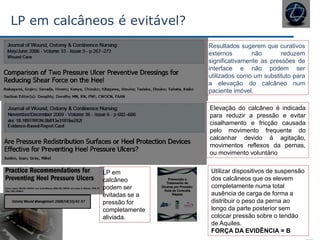 LP em calcâneos é evitável?
Elevação do calcâneo é indicada
para reduzir a pressão e evitar
cisalhamento e fricção causada
pelo movimento frequente do
calcanhar devido à agitação,
movimentos reflexos da pernas,
ou movimento voluntário
Resultados sugerem que curativos
externos não reduzem
significativamente as pressões de
interface e não podem ser
utilizados como um substituto para
a elevação do calcâneo num
paciente imóvel.
Utilizar dispositivos de suspensão
dos calcâneos que os elevem
completamente numa total
ausência de carga de forma a
distribuir o peso da perna ao
longo da parte posterior sem
colocar pressão sobre o tendão
de Aquiles.
FORÇA DA EVIDÊNCIA = B
LP em
calcâneo
podem ser
evitadas se a
pressão for
completamente
aliviada.
 