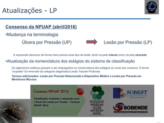 Atualizações - LP
Consenso da NPUAP (abril/2016)
•Mudança na terminologia
Úlcera por Pressão (UP) Lesão por Pressão (LP)
A expressão descreve de forma mais precisa esse tipo de lesão, tanto na pele intacta como na pele ulcerada
•Atualização da nomenclatura dos estágios do sistema de classificação
Os algarismos arábicos passam a ser empregados na nomenclatura dos estágios ao invés dos romanos. O termo
“suspeita” foi removido da categoria diagnóstica Lesão Tissular Profunda.
Termos adicionados: Lesão por Pressão Relacionada a Dispositivo Médico e Lesão por Pressão em
Membrana Mucosa.
 