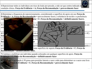 REPOSICIONAMENTO E MOBILIZAÇÃO
1.Reposicionar todos os indivíduos em risco de lesão por pressão, a não ser que contra-indicado devido à
condição clinica. Força da Evidência = A; Força da Recomendação = provavelmente fazer
2.Determinar a frequencia de reposicionamento, consiiderando a superfície de apoio em uso Força da
Evidência = A; Força da Recomendação = provavelmente fazer), a tolerância do tecido e a preferência
individual (conforto - Força da Evidência = C; Força da Recomendação = definitivamente fazer).
3.Utilizar uma almofada de redistribuição de pressão para individuos com mobilidade reduzida sentados em
uma cadeira Força da Evidência = B; Força da Recomendação = definitivamente fazer
4.Evitar o posicionamento do indivíduo em áreas do corpo com lesão por pressão Força da Evidência = C;
Força da Recomendação = definitivamente fazer
5.Certifique-se de que os calcâneos estão livres de pressão Força da Evidência = C; Força da
Recomendação = definitivamente fazer
6.Considere o nível de imobilidade, a exposição ao cisalhamento, a umidade da pele, a perfusão, o tamanho e
peso do corpo do indivíduo ao escolher uma superfície de suporte Força da Evidência = C; Força da
Recomendação = definitivamente fazer.
7.Continue a mobilizar um indivíduo quando colocados em qualquer superfície de apoio. Força da
Evidência = C; Força da Recomendação = definitivamente fazer
8.Utilizar uma inclinação à 30 graus para posições laterais e usar a mão para determinar se o sacro esta livre
de pressão Força da Evidência = C; Força da Recomendação = provavelmente fazer
 