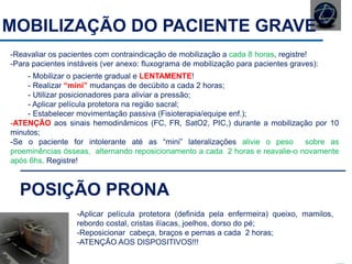 MOBILIZAÇÃO DO PACIENTE GRAVE
-Reavaliar os pacientes com contraindicação de mobilização a cada 8 horas, registre!
-Para pacientes instáveis (ver anexo: fluxograma de mobilização para pacientes graves):
- Mobilizar o paciente gradual e LENTAMENTE!
- Realizar “mini” mudanças de decúbito a cada 2 horas;
- Utilizar posicionadores para aliviar a pressão;
- Aplicar película protetora na região sacral;
- Estabelecer movimentação passiva (Fisioterapia/equipe enf.);
-ATENÇÃO aos sinais hemodinâmicos (FC, FR, SatO2, PIC,) durante a mobilização por 10
minutos;
-Se o paciente for intolerante até as “mini” lateralizações alivie o peso sobre as
proeminências ósseas, alternando reposicionamento a cada 2 horas e reavalie-o novamente
após 6hs. Registre!
POSIÇÃO PRONA
-Aplicar película protetora (definida pela enfermeira) queixo, mamilos,
rebordo costal, cristas ilíacas, joelhos, dorso do pé;
-Reposicionar cabeça, braços e pernas a cada 2 horas;
-ATENÇÃO AOS DISPOSITIVOS!!!
 