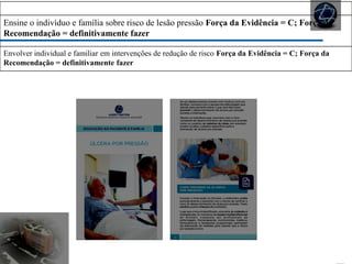 EDUCAÇÃO
Ensine o indivíduo e família sobre risco de lesão pressão Força da Evidência = C; Força da
Recomendação = definitivamente fazer
Envolver individual e familiar em intervenções de redução de risco Força da Evidência = C; Força da
Recomendação = definitivamente fazer
 