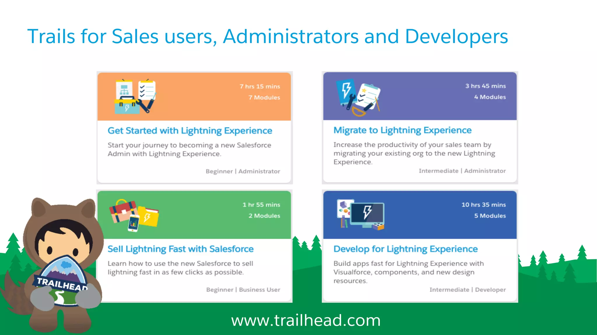 Trails for Sales users, Administrators and Developers
www.trailhead.com
 
