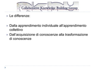 

Le differenze:



Dalla apprendimento individuale all’apprendimento
collettivo
Dall’acquisizione di conoscenze alla trasformazione
di conoscenze



 