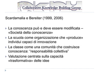 Scardamalia e Bereiter (1999, 2006)





La conoscenza può e deve essere modificata –
«Società della conoscenza»
La scuola come organizzazione che «produce»
individui capaci di innovazione
La classe come una comunità che costruisce
conoscenza: “responsabilità collettiva”
Valutazione centrata sulla capacità
«trasformativa» delle idee

 