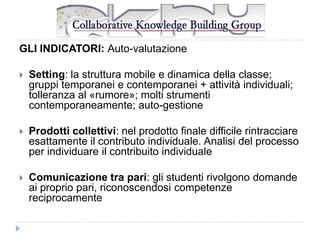 GLI INDICATORI: Auto-valutazione


Setting: la struttura mobile e dinamica della classe;
gruppi temporanei e contemporanei + attività individuali;
tolleranza al «rumore»; molti strumenti
contemporaneamente; auto-gestione



Prodotti collettivi: nel prodotto finale difficile rintracciare
esattamente il contributo individuale. Analisi del processo
per individuare il contribuito individuale



Comunicazione tra pari: gli studenti rivolgono domande
ai proprio pari, riconoscendosi competenze
reciprocamente

 