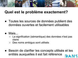 Quel est le problème exactement?

● Toutes les sources de données publient des
  données ouvertes et facilement utilisables

● Mais...
   ○ La signification (sémantique) des données n'est pas
     claire
   ○ Des noms ambigus sont utilisés


● Besoin de clarifier les concepts utilisés et les
  entités auxquelles il est fait référence
 