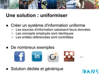 Une solution : uniformiser
● Créer un système d'information uniforme
  ○ Les sources d'information saisissent leurs données
  ○ Les concepts employés sont identiques
  ○ Les entités référencées sont contrôlées


● De nombreux exemples

                                               ...


● Solution dédiée et générique
 