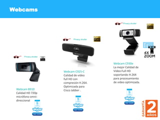 Webcams
Webcam B910
Calidad HD 720p
micrófono omni-
direccional
Privacy shutter
Webcam C925-C
Calidad de video
full HD con
compresión H.264.
Optimizada para
Cisco Jabber .
Privacy shutter
Webcam C930e
La mejor Calidad de
Video Full HD
soportando H.264
para procesamiento
de video optimizada.
Privacy shutter
 