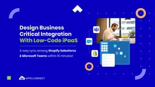 Design Business
Critical Integration
With Low-Code iPaaS
3-way sync among Shopify Salesforce
& Microsoft Teams within 15 minutes!
 