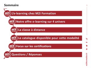 Sommaire
L’e-learning chez M2i Formation
Notre offre e-learning sur 4 univers
La classe à distance
Le catalogue disponible...