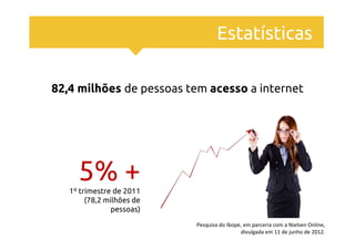 Estatísticas

82,4 milhões de pessoas tem acesso a internet




     5% +
   1º trimestre de 2011
        (78,2 milhões de
                pessoas)
                           Pesquisa do Ibope, em parceria com a Nielsen Online,
                                            divulgada em 11 de junho de 2012.
 