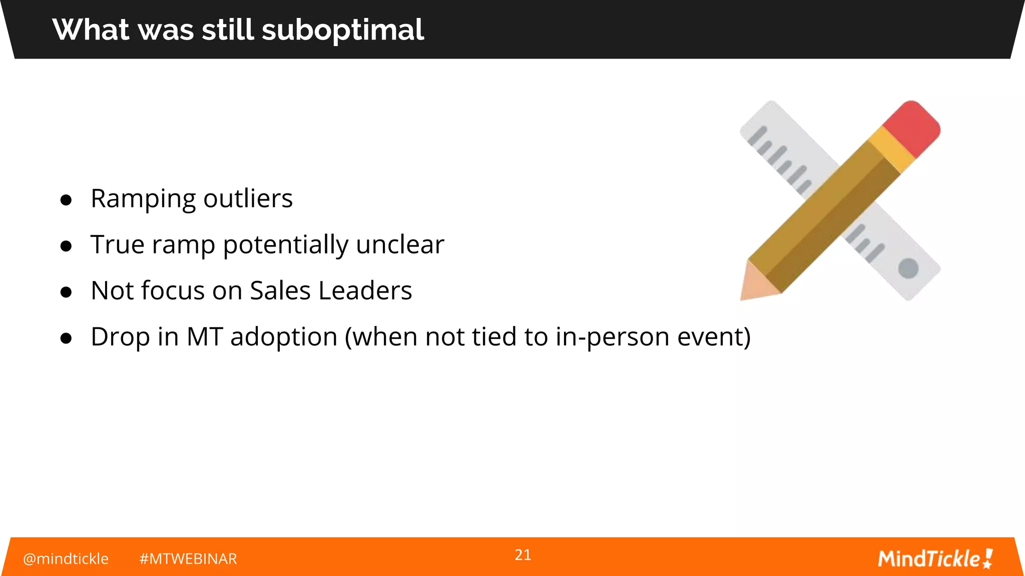 @mindtickle #MTWEBINAR
What was still suboptimal
21
● Ramping outliers
● True ramp potentially unclear
● Not focus on Sales Leaders
● Drop in MT adoption (when not tied to in-person event)
 