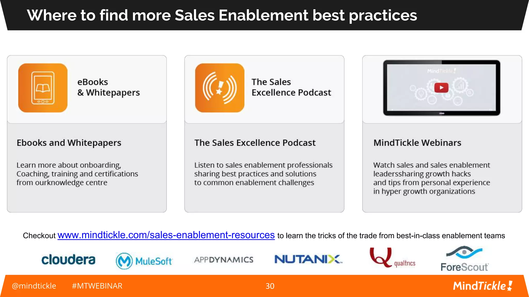 @mindtickle #MTWEBINAR
Where to find more Sales Enablement best practices
30
Checkout www.mindtickle.com/sales-enablement-resources to learn the tricks of the trade from best-in-class enablement teams
 