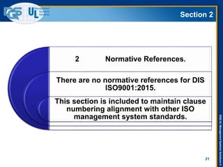 DQS-ULManagementSystemsSolutions©
Section 2
21
2 Normative References.
There are no normative references for DIS
ISO9001:2015.
This section is included to maintain clause
numbering alignment with other ISO
management system standards.
 