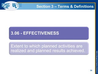 DQS-ULManagementSystemsSolutions©
Section 3 – Terms & Definitions
3.06 - EFFECTIVENESS
Extent to which planned activities are
realized and planned results achieved.
24
 