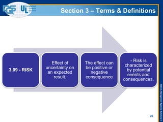 DQS-ULManagementSystemsSolutions©
Section 3 – Terms & Definitions
3.09 - RISK
Effect of
uncertainty on
an expected
result.
The effect can
be positive or
negative
consequence
- Risk is
characterized
by potential
events and
consequences.
26
 
