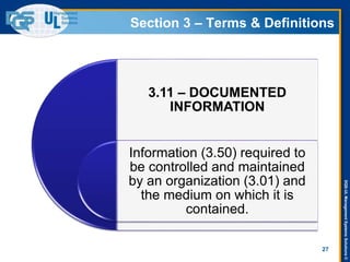 DQS-ULManagementSystemsSolutions©
Section 3 – Terms & Definitions
3.11 – DOCUMENTED
INFORMATION
Information (3.50) required to
be controlled and maintained
by an organization (3.01) and
the medium on which it is
contained.
27
 