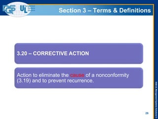 DQS-ULManagementSystemsSolutions©
Section 3 – Terms & Definitions
3.20 – CORRECTIVE ACTION
Action to eliminate the cause of a nonconformity
(3.19) and to prevent recurrence.
29
 