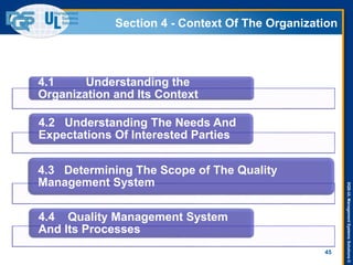 DQS-ULManagementSystemsSolutions©
Section 4 - Context Of The Organization
45
4.1 Understanding the
Organization and Its Context
4.2 Understanding The Needs And
Expectations Of Interested Parties
4.3 Determining The Scope of The Quality
Management System
4.4 Quality Management System
And Its Processes
 
