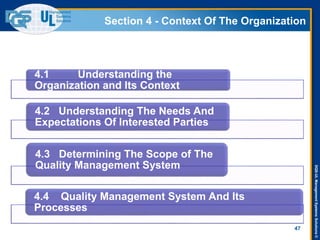 DQS-ULManagementSystemsSolutions©
Section 4 - Context Of The Organization
47
4.1 Understanding the
Organization and Its Context
4.2 Understanding The Needs And
Expectations Of Interested Parties
4.3 Determining The Scope of The
Quality Management System
4.4 Quality Management System And Its
Processes
 