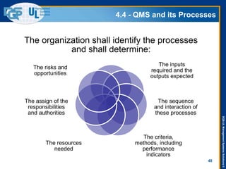 DQS-ULManagementSystemsSolutions©
4.4 - QMS and its Processes
48
The organization shall identify the processes
and shall determine:
The inputs
required and the
outputs expected
The sequence
and interaction of
these processes
The criteria,
methods, including
performance
indicators
The resources
needed
The assign of the
responsibilities
and authorities
The risks and
opportunities
 