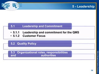DQS-ULManagementSystemsSolutions©
5 - Leadership
58
• 5.1.1 Leadership and commitment for the QMS
• 5.1.2 Customer Focus
5.1 Leadership and Commitment
5.2 Quality Policy
5.3 Organizational roles, responsibilities
and authorities
 